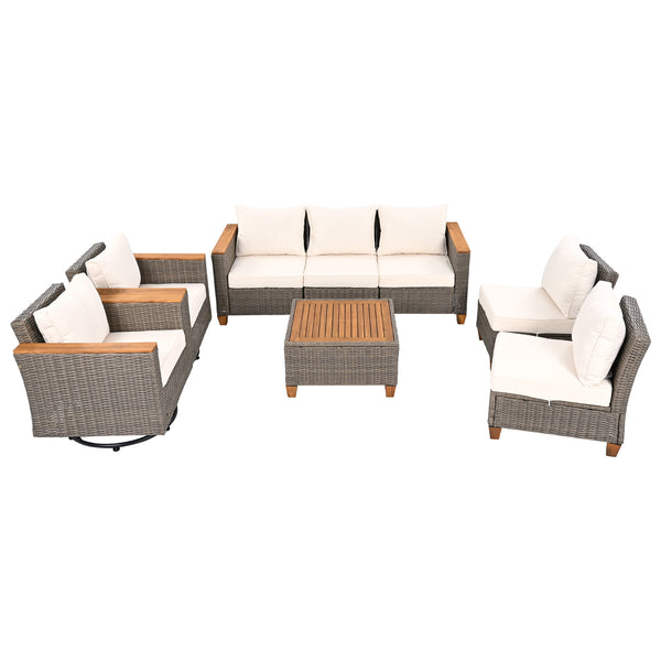 English Elm K&K 8-Piece Wicker Patio Set with 360° Swivel Rockers, Acacia Storage Table, Durable Cushions Beige+Brown N707S000016Z