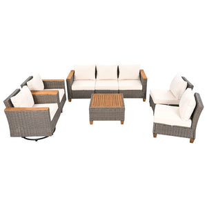 English Elm K&k 8 Piece Outdoor Wicker Sectional Set with Swivel Rockers and Acacia Storage Table Beige+Brown N707S005016Z