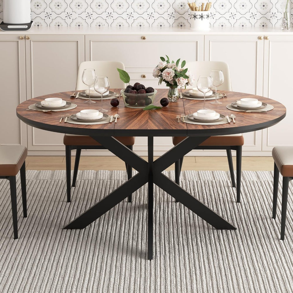 English Elm 47.2"-63" Extendable Round Dining Table Solid Wood Parquet Top Seats Six Walnut W3587S00002