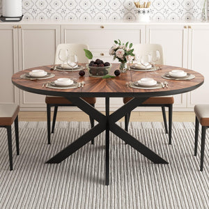 English Elm 47.2"-63" Extendable Round Dining Table Solid Wood Parquet Top Seats Six Walnut W3587S00002