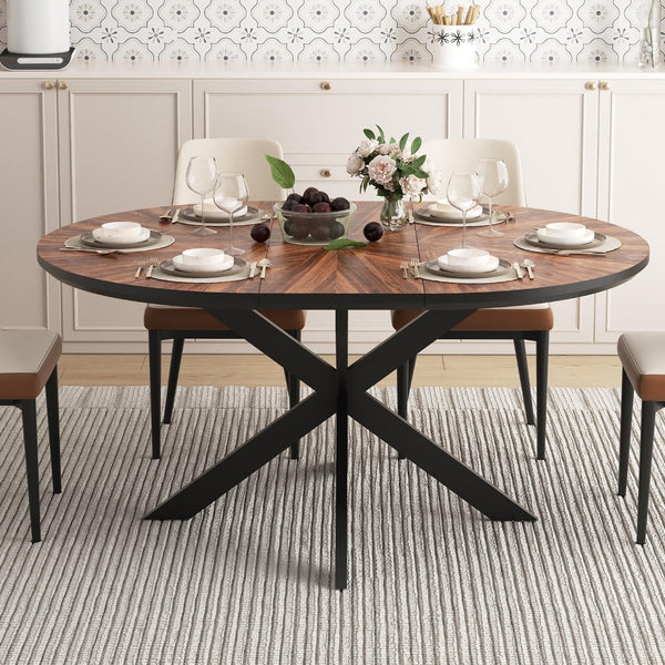 English Elm 47.2"-63" Extendable Round Dining Table Solid Wood Parquet Top Seats Six Walnut W3587S00002