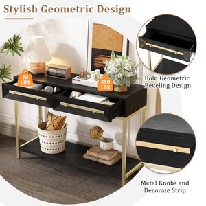 English Elm Trexm Retro Modern Console Table Two Drawers Geometric Matte Black Gold Entryway N715P227910B