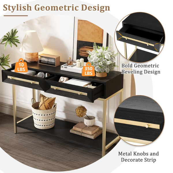 English Elm Trexm Retro Modern Console Table Two Drawers Geometric Matte Black Gold Entryway N715P227910B