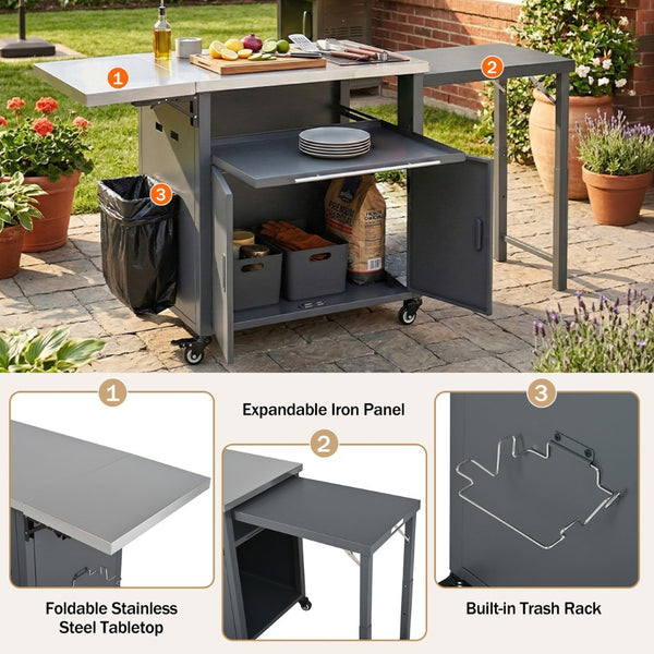 English Elm Outdoor Bbq Prep Cart Rolling Stainless Steel Grill Station with Foldable Work Surface Gray N719P407404E