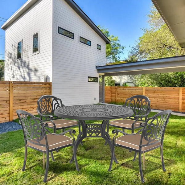 English Elm 5-Piece Cast Aluminum Patio Furniture Set With Plush Brown Cushions For Stylish Outdoor Dining W1710S00091