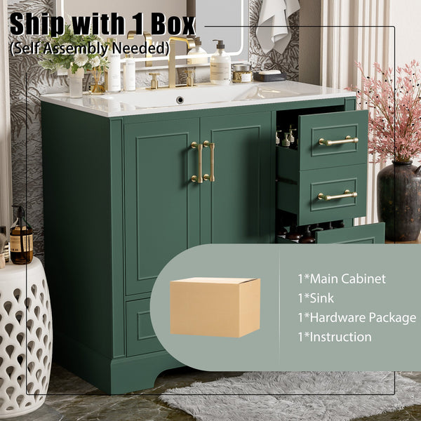 English Elm 36" Traditional Bathroom Vanity with Ceramic Sink, Solid Wood Cabinet, Soft-Close Doors & Drawers Green N729P251630F