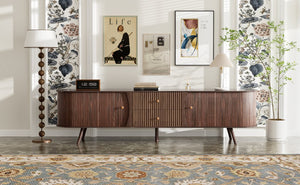 English Elm 70 Inch Mid Century Media Console with Tambour Doors Fluted Drawers and Wood Legs N710P419840P