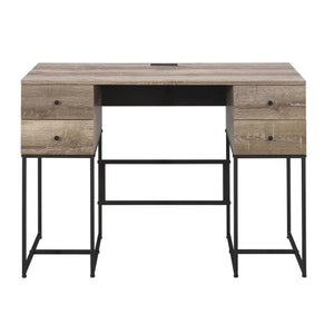 English Elm Rustic Oak 4-Drawer Writing Desk with USB Port — Spacious Storage, Metal Sled Base, Modern Rustic Appeal B062P184568