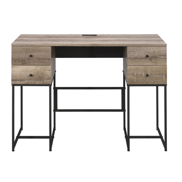 English Elm Rustic Oak 4-Drawer Writing Desk with USB Port — Spacious Storage, Metal Sled Base, Modern Rustic Appeal B062P184568