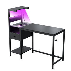 English Elm Computer Gaming Desk with RGB LED Lights, Reversible 4-Tier Shelves, Drawer & Headphone Hook, Space-Saving Workstation Black W578P191952