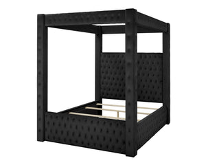 English Elm 1pc Majestic Canopy Four-Poster Queen Bed with Tufted Velvet Headboard & Footboard, Luxurious Statement Black 89 L x 26 W x 6 H B2741S00126