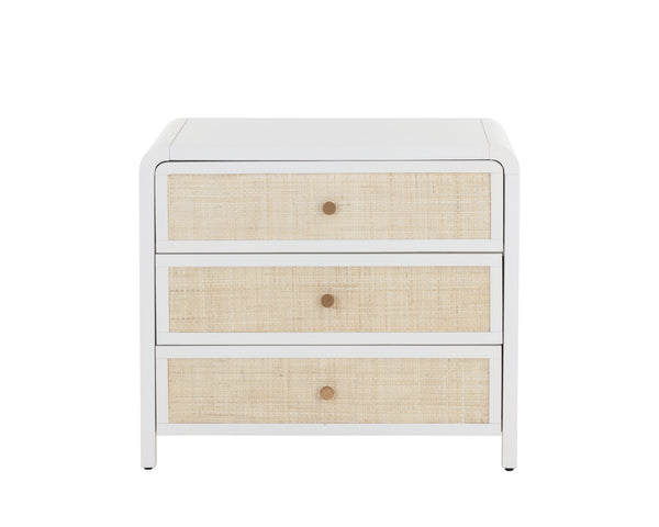 Sunpan Tierra Coastal Nightstand with Rattan Drawers, Antique White Finish & Soft Close Mechanisms