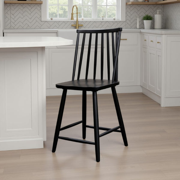 Alpine Furniture Felix Counter Height Barstools Set Of 2 – Solid Rubberwood Windsor Spindle Back, Sculpted Seat, 24" 1640-04