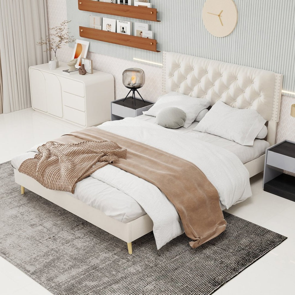 English Elm Velvet Tufted Queen Platform Bed Diamond Headboard for Elegant Master Bedroom W1935P361008