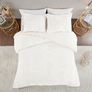 Madison Park Veronica Shabby Chic 3 Piece Tufted Cotton Chenille Floral Duvet Cover Set MP12-7826 Off-White