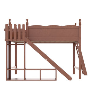 English Elm Queen Solid Pine Loft Bed with Wardrobe Shelves Detachable Slide and Dual Sleeping Zones Antique Natural W5305S00030