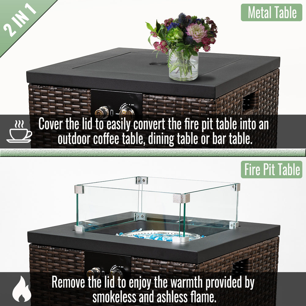 English Elm 22" 22" Propane Fire Pit Table 40,000 BTU with Glass Wind Guard, PE Wicker Base, Rain Cover, Lid W853120911