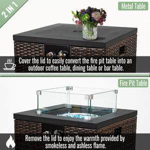 English Elm 22" 22" Propane Fire Pit Table 40,000 BTU with Glass Wind Guard, PE Wicker Base, Rain Cover, Lid W853120911