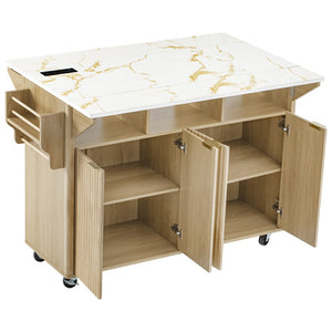 English Elm K&k Fluted Rolling Kitchen Island Faux Marble Top Power Outlet Storage Drawers Natural N707P353934Y