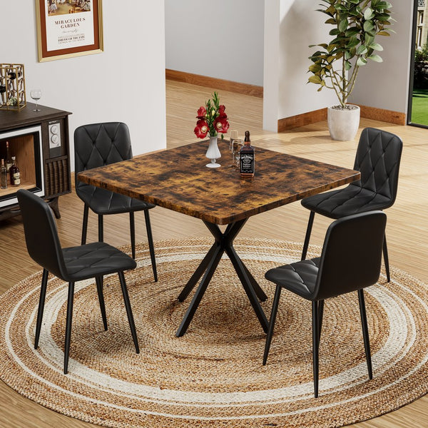 English Elm Square MDF Dining Set for 4 with Faux Marble Top, Mid-Century Modern Iron Legs, Easy-Clean Surface Brown+Black W578S00029