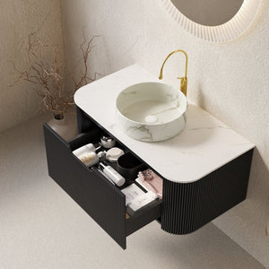 English Elm Dina Floating Bathroom Vanity Sintered Stone Top Glass Basin Striped Plywood Cabinet Black,Carrara White,Stone White W2615S00397