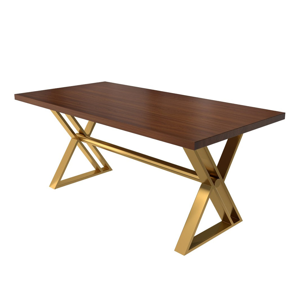 English Elm 70.8 Inch Walnut Top Dining Table with Brushed Gold Steel Base Seats Six T3609S00001