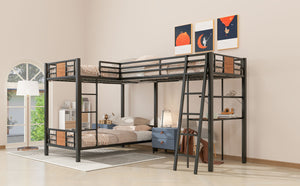 English Elm L-Shaped Twin Over Twin Bunk Bed with Loft Desk & Shelves, Brown Metal+MDF, Sturdy Sleep Solution GX001110AAD
