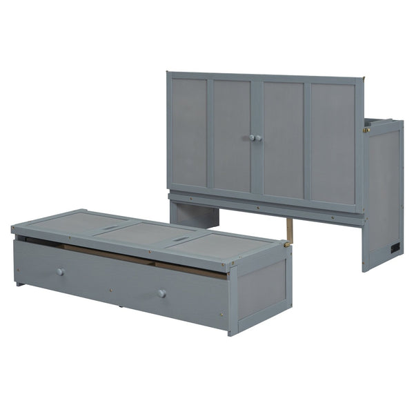 English Elm Full Size Wall Murphy Bed Cabinet with Storage Drawer and Built-in Usb Charging Gray N708P205903E