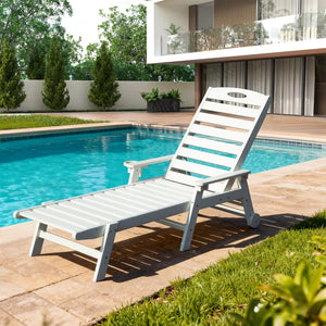 English Elm Patio Hdpe Chaise Lounge Outdoor Reclining Poolside Chair with Built-in Cup Holder White W1859P478267