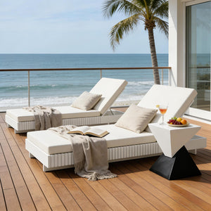 English Elm Modern Acacia Wood Outdoor Chaise Lounge Slatted Reclining Poolside Sun Chair Cream,White N770P281696W_65429.00CUSH