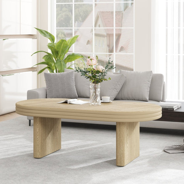 English Elm Mid Century Modern Oval Fluted Coffee Table with Wood Veneer for Living Room Natural W757P370240