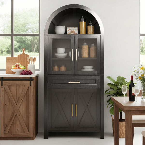 English Elm 71" Arched Glass Barn Door Pantry Cabinet Farmhouse Mdf Storage for Kitchen Dining Black W2917S00016
