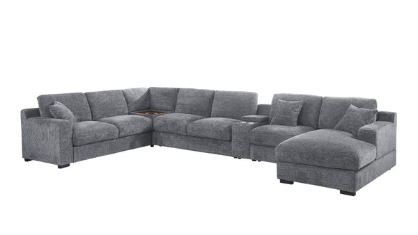 English Elm Chiara Chenille Sectional Sofa with Chaise Cupholders Usb Charging Ports Living Room Light Gray B2749S00236