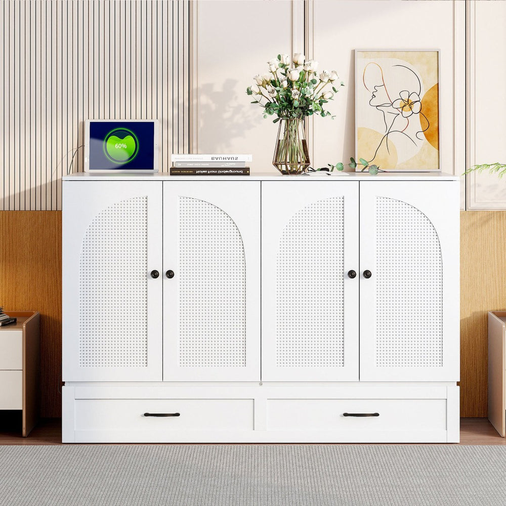 English Elm Full Size Murphy Bed Rattan Cabinet with Storage Drawers and Gold Hardware White N708S00009K