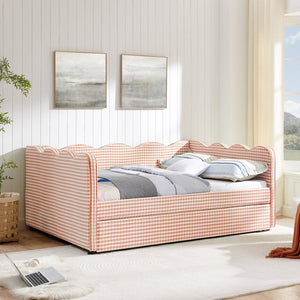 English Elm Full Size Gingham Linen Daybed with Wave Backrest Trundle and Usb Charging Port Pink W1413S00138