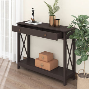 English Elm Console Farmhouse Console Table with Drawer and Open Shelves for Entryway Living Room Storage Espresso T3771P356449
