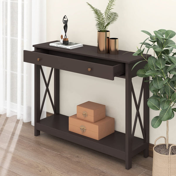 English Elm Console Farmhouse Console Table with Drawer and Open Shelves for Entryway Living Room Storage Espresso T3771P356449