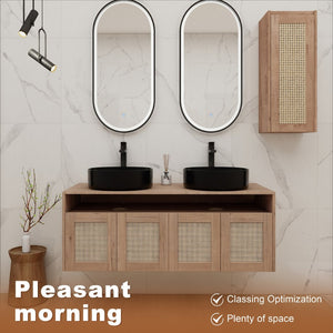 English Elm 48" Floating Bathroom Vanity Oak Finish Dual Ceramic Sinks Four Soft Close Doors W999S00499