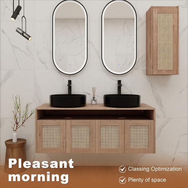 English Elm 48" Floating Bathroom Vanity Oak Finish Dual Ceramic Sinks Four Soft Close Doors W999S00499