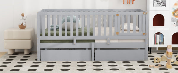English Elm Twin Pinewood Daybed with Fence Guardrails Two Storage Drawers and Split Floor Bed Gray LP200881AAE