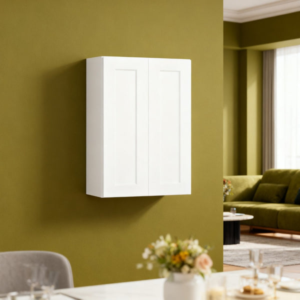 English Elm White Solid Wood Double Door Wall Cabinet - Elegant Storage Solution With Adjustable Shelves & Soft-Close T2950P366454-GIGA