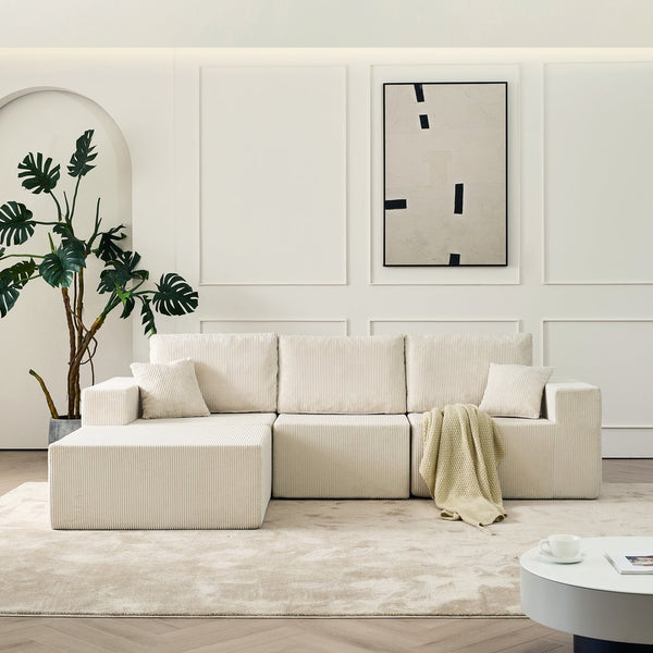 English Elm 110" Cloud Modular Sectional Sofa Boneless Corduroy 3-Seater with Ottoman & 2 Pillows, No Assembly, Luxurious Comfort Beige W2656S00011