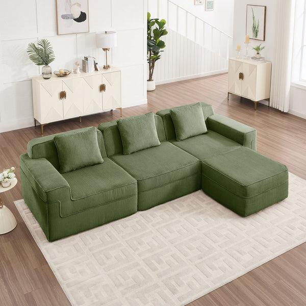 English Elm Modular 3-Seat L-Shape Sectional Sofa - Cloud-Like Comfort, Removable Pillows & Movable Ottoman, Green W3041S00332