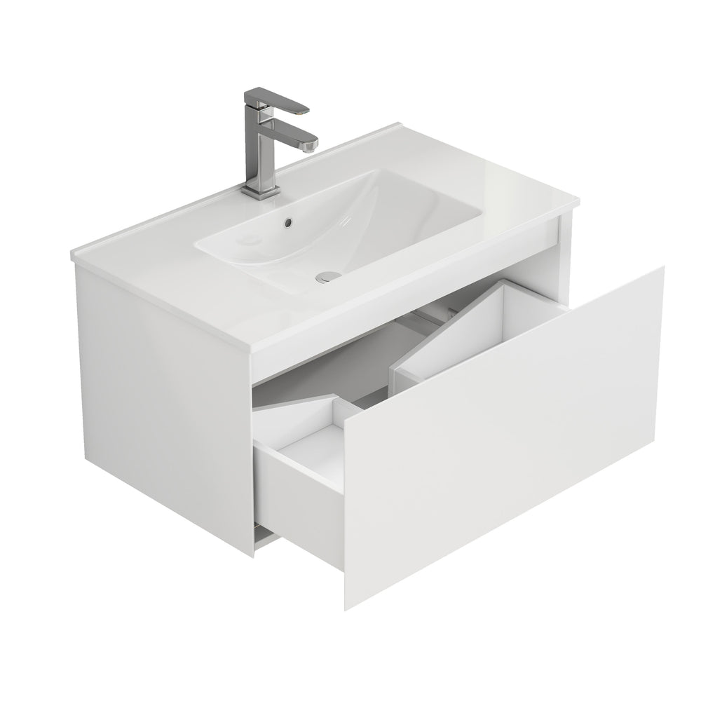 English Elm 32-Inch Wall-Mounted Bathroom Vanity With Soft-Close Drawer, Ceramic Sink, Matte White Finish, Modern Design W3151S00042