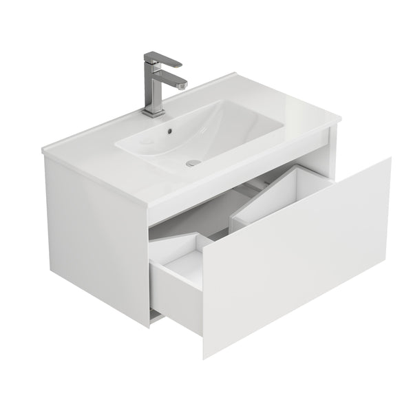 English Elm 32-Inch Wall-Mounted Bathroom Vanity With Soft-Close Drawer, Ceramic Sink, Matte White Finish, Modern Design W3151S00042