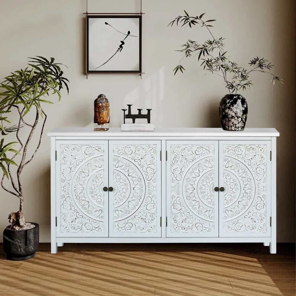 English Elm 60"White Antique White Rustic Sideboard Cabinet with 4 Doors & Drawer, Durable MDF Storage Buffet W2295P306910