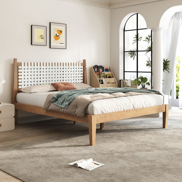 English Elm Christopher Knight Home® - Queen Upholstered Leather Headboard Bed Frame with Solid Wood Slats, Mid-Century Modern Support, No Box Spring Needed White+Natural N758D928283N