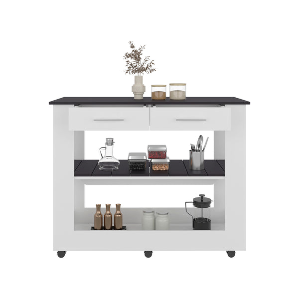 English Elm Cala Compact Kitchen Island with Two Drawers, Open Shelves & White Walnut Top for Small Kitchens B070P363801