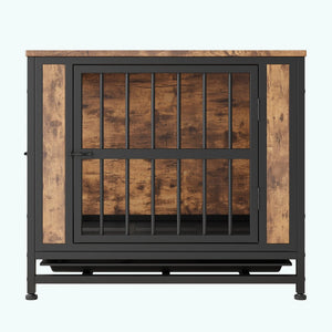 English Elm Dog Crate Furniture Wooden Kennel with Iron Frame Dual Sliding Doors Indoor Side Table W840P203065