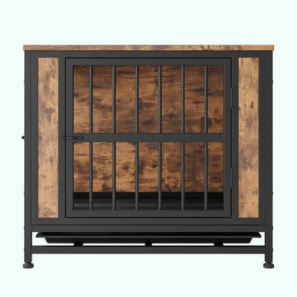 English Elm Dog Crate Furniture Wooden Kennel with Iron Frame Dual Sliding Doors Indoor Side Table W840P203065
